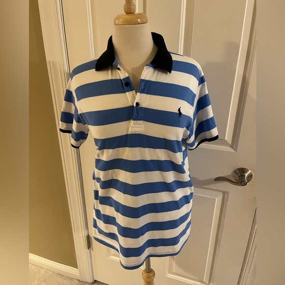 Polo Ralph Lauren Striped Blue and White Polo Shirt-Size Medium - Picture 1 of 6